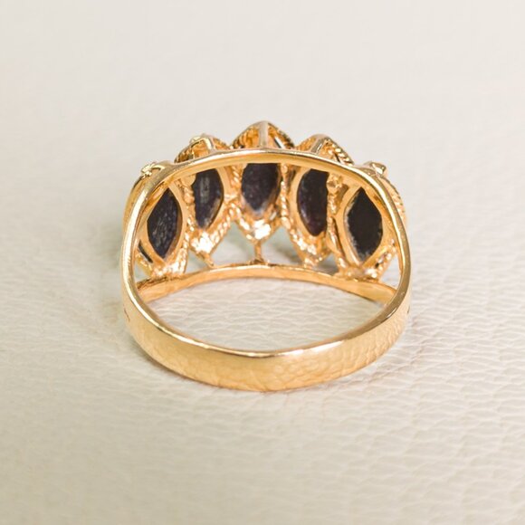 14K Gold 5-Stone Black Coral Ring – Marquise Cabochons, Size 5¼ - Picture 5 of 16